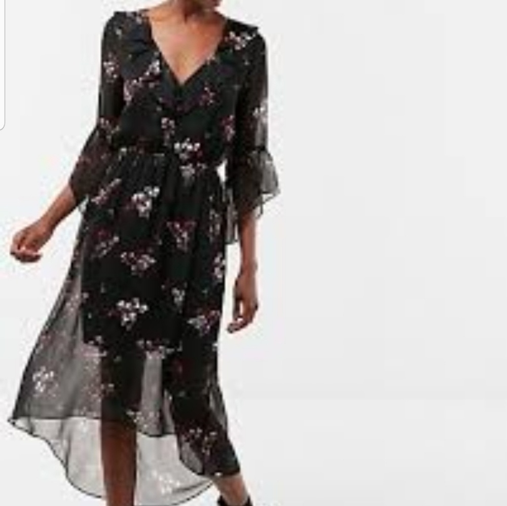 New Express Flowy Hi Low Dress Black Floral